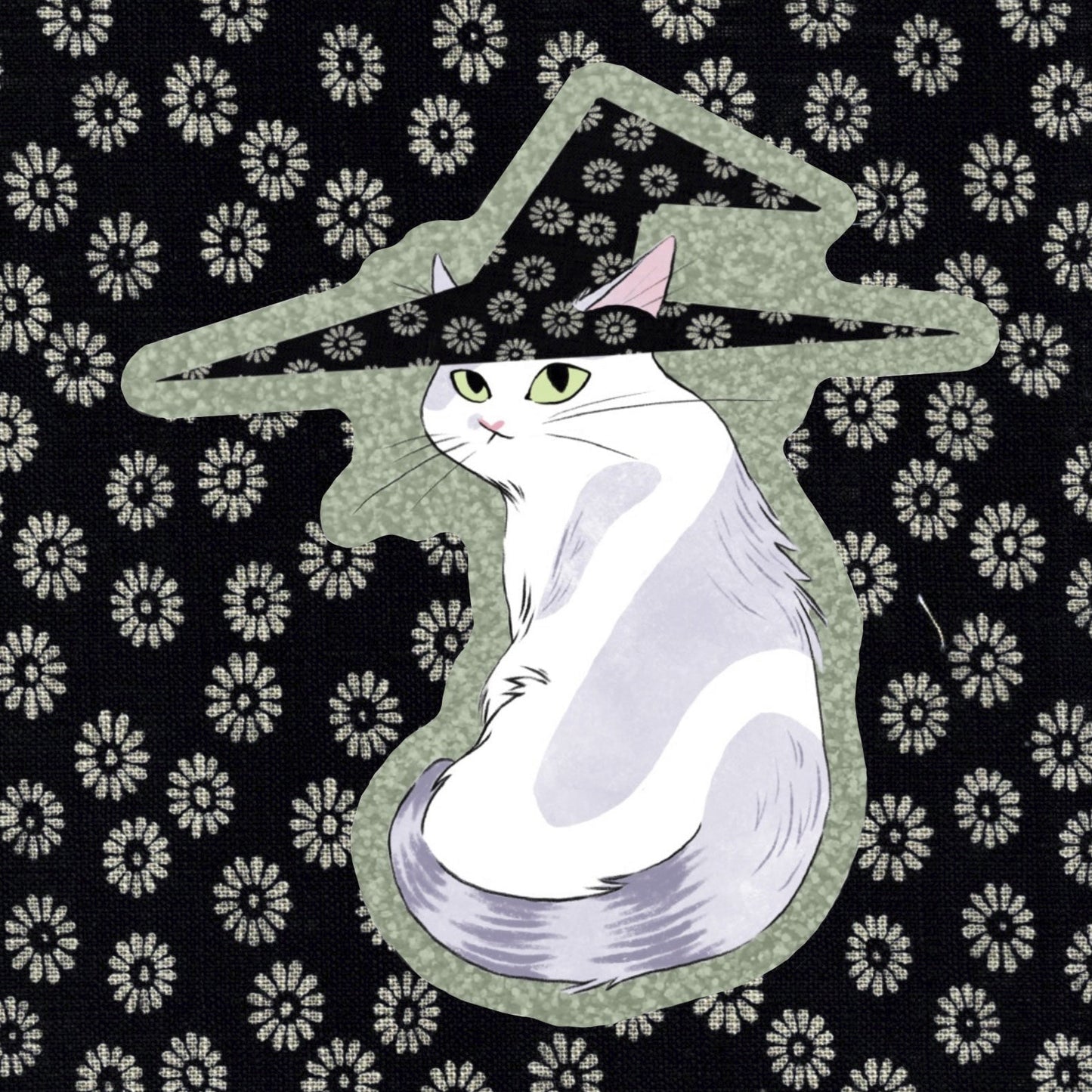 White cat wearing a witch hat on a black background with white floral patterns