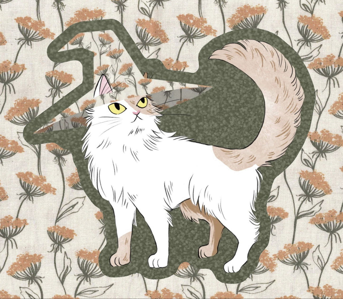 Cat illustration on a floral background
