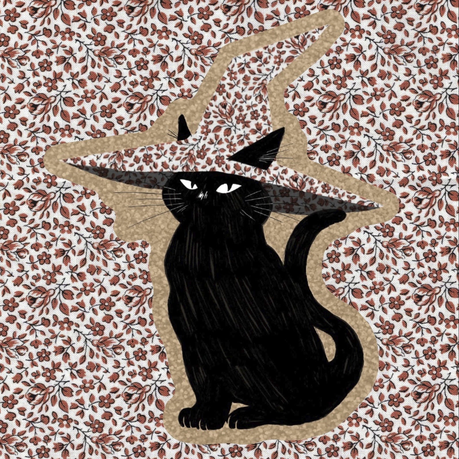 Black cat illustration on a floral patterned background